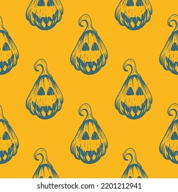 Bright yellow background with halloween pumpkins. Seamless pattern with scary horror faces of pumpkin heads hand engraved. Print for package, paper, textile, wallpaper and design vector illustration