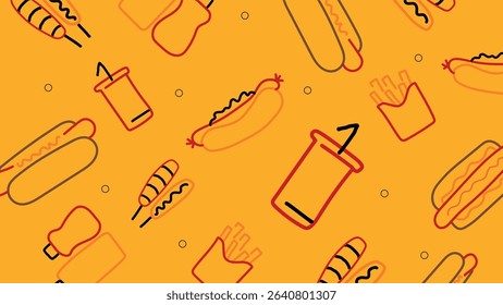 Bright yellow background with hot dogs, fries, soda cups, and sauces in bold line art. Energetic fast food-themed design for fun and casual visuals.