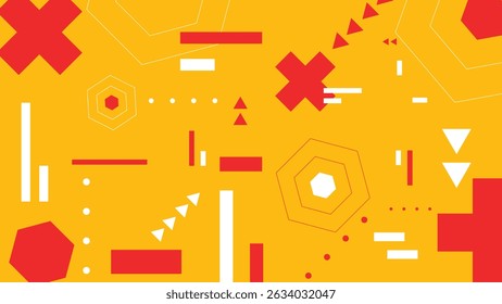 Bright yellow background with red abstract shapes, crosses, and lines. Perfect for energetic branding and digital visuals.