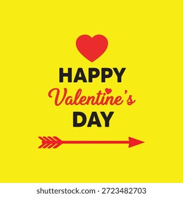 Un fondo amarillo brillante con un corazón rojo en el centro superior. Debajo del corazón, el texto 'FELIZ DÍA DE SAN VALENTÍN' se muestra en letras negras y naranjas. Una flecha roja que apunta a la derecha se coloca debajo del texto.