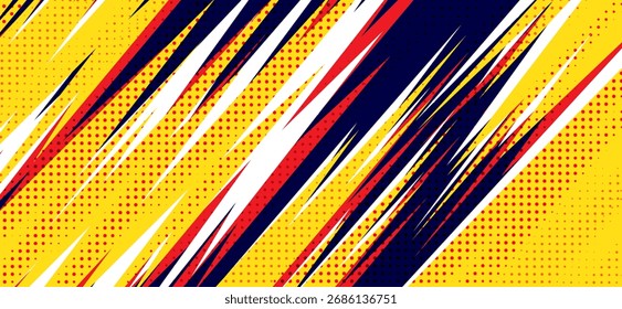 Bright yellow background with red polka dots and angled streaks of white, red, and blue creates a dynamic and energetic retro comic book or pop art style abstract design