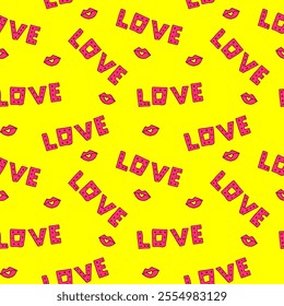 Bright yellow background with repeating "LOVE" text and red lips pattern, creating a playful and vibrant design perfect for romantic and cheerful themes