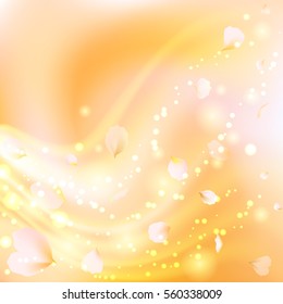 Bright yellow background with rose petals and light particles. Romantic pale pink petals. Vector illustration for your graphic design.