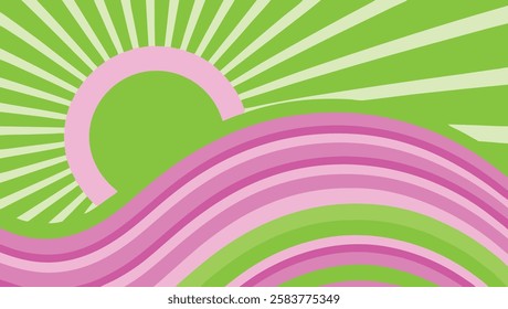 Bright yellow background showcases bold sun rays extending from a central sun, complemented by colorful waves in shades of pink and blue, creating an uplifting atmosphere