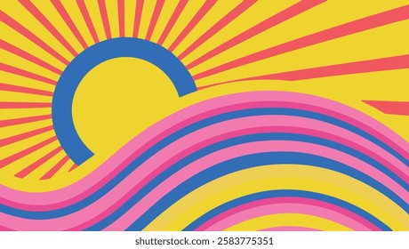 Bright yellow background showcases bold sun rays extending from a central sun, complemented by colorful waves in shades of pink and blue, creating an uplifting atmosphere