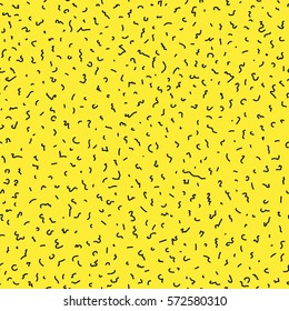 Bright yellow background in trendy '90s "Memphis" style with structure of hand drawn scribbles. Repeating irregular texture, perfect for fabrics, wallpapers and decor. Vector seamless pattern.