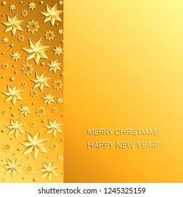Bright yellow background with a vertical stripe of snowflakes, beads and Christmas stars. Christmas card, poster. Merry Christmas! HAPPY NEW YEAR!