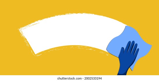 Bright yellow background with a white stripe in the middle. The hand wipes the yellow paint off the screen, leaving a clean mark. Concept: cleanliness, uboka, space for text. Vector flat color cartoon