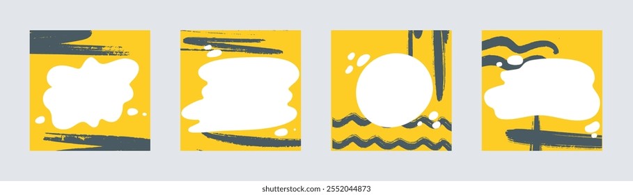 Fundo amarelo brilhante com design grunge e bolhas de texto. Conjunto de modelos abstratos quadrados para postagens de mídia social. Design universal para livreto, brochura, anúncio, venda, gráfico vetorial