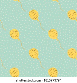 Globo amarillo brillante con un patrón sin fisuras. Fondo con puntos azul claro. Comparar la impresión de la fiesta de verano. Diseñado para papel pintado, textil, papel envolvente, impresión de tela. Ilustración vectorial.
