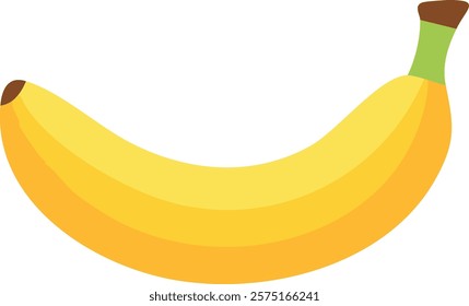 A bright yellow banana illustration with smooth curves, a green stem, and a brown tip, showcasing a simple, clean design ideal for food-related graphics