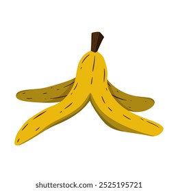 Cáscara de plátano amarillo brillante, aislado en el fondo blanco. El diseño lúdico captura un ambiente divertido y peculiar, perfecto para proyectos creativos o diseños con un toque humorístico.