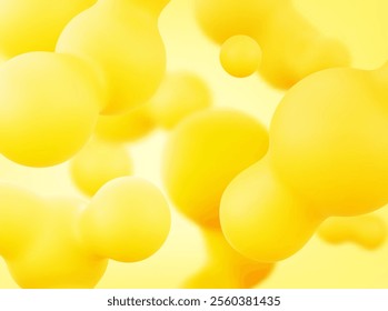 Bright yellow banner with 3d blobs with smooth rounded shapes scattered on background. Abstract liquid forms with soft gradients for vibrant modern bg. Geometric fluid paint, oil or lava lamp design.