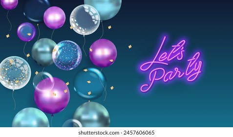 Bright yellow banner Happy BIRTHDAY A postcard for a holiday, website, presentation with realistic balloons: blue, pink, gold colors. Vector Holiday Card