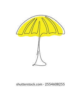 Bright yellow beach umbrella hand-drawn with a continuous single line, flat design, vector, doodle. Seasonal decorative element for decoration, labels, metereology, from the sun, rain, isolated 