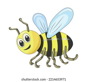 A bright yellow bee or bumblebee smiles funny and cute on an isolated white background. Bumblebee. Insects. Children's illustration. Individual elements. Print for children. Vector illustration.