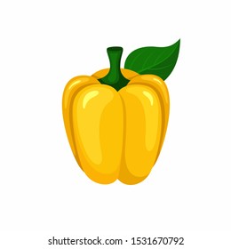 Bright yellow bell pepper with a leaf in the style of flat. Vector illustration