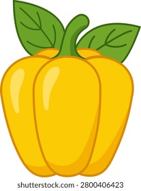 A bright yellow bell pepper with two green leaves on top, perfect for illustrating healthy eating, vegetarian diets, or fresh produce
