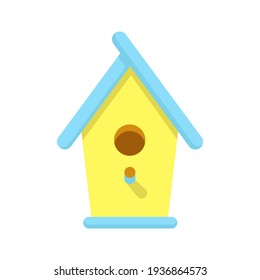 Bright yellow birdhouse with blue roof, isolated on white background. Nature, protection of birds and animals. International Bird Day. Spring vector illustration in flat style. Cartoon style