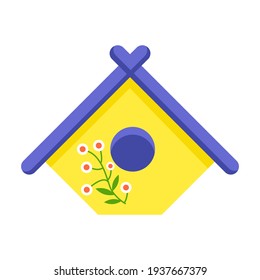 Bright yellow birdhouse in shape of diamond with purple roof, decorated with branch with flowers, isolated on white background. International Bird Day. Spring vector illustration, flat cartoon style 