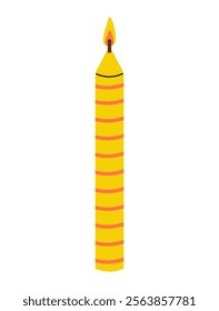 Bright yellow birthday candle with stripes and a flame burning brightly