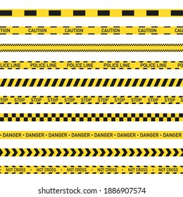 Bright yellow and black construction tape. Warning yellow and black stripe, police line, not cross, danger, bright yellow crime scene barrier tape.
