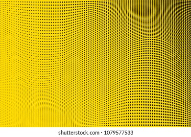 Bright yellow black halftone pattern. Gradient polka dots background. Modern vector illustration. Abstract curves. Points backdrop. Dotted spotted pattern. Monochrome template for web design