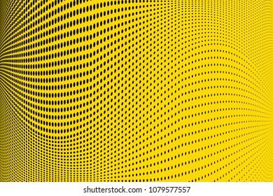 Bright yellow black halftone pattern. Gradient polka dots background. Modern vector illustration. Abstract curves. Points backdrop. Dotted spotted pattern. Monochrome template for web design