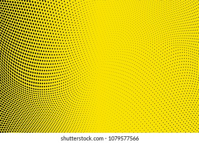 Bright yellow black halftone pattern. Gradient polka dots background. Modern vector illustration. Abstract curves. Points backdrop. Dotted spotted pattern. Monochrome template for web design