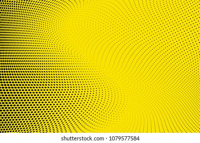 Bright yellow black halftone pattern. Gradient polka dots background. Modern vector illustration. Abstract curves. Points backdrop. Dotted spotted pattern. Monochrome template for web design
