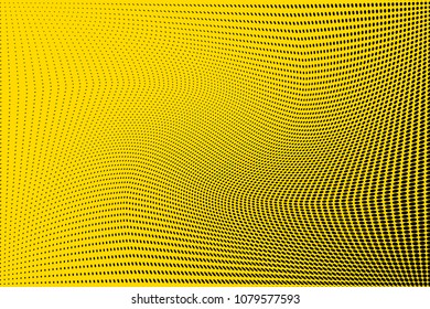 Bright yellow black halftone pattern. Gradient polka dots background. Modern vector illustration. Abstract curves. Points backdrop. Dotted spotted pattern. Monochrome template for web design