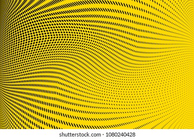 Bright yellow black halftone pattern. Gradient polka dots background. Modern vector illustration. Abstract curves. Points backdrop. Dotted spotted pattern. Monochrome template for web design