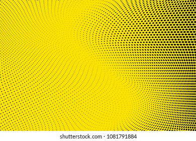 Bright yellow black halftone pattern. Gradient polka dots background. Modern vector illustration. Abstract curves. Points backdrop. Dotted spotted pattern. Monochrome template for web design