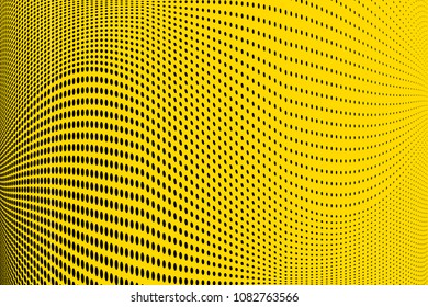 Bright yellow black halftone pattern. Gradient polka dots background. Modern vector illustration. Abstract curves. Points backdrop. Dotted spotted pattern. Monochrome template for web design