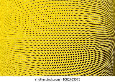 Bright yellow black halftone pattern. Gradient polka dots background. Modern vector illustration. Abstract curves. Points backdrop. Dotted spotted pattern. Monochrome template for web design