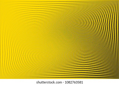 Bright yellow black halftone pattern. Gradient polka dots background. Modern vector illustration. Abstract curves. Points backdrop. Dotted spotted pattern. Monochrome template for web design