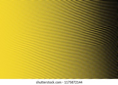 Bright yellow black halftone pattern. Gradient polka dots background. Modern vector illustration. Abstract curves. Points backdrop. Dotted spotted pattern. Monochrome template for web design