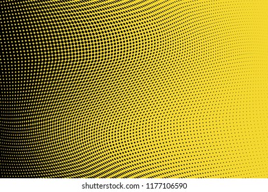 Bright yellow black halftone pattern. Gradient polka dots background. Modern vector illustration. Abstract curves. Points backdrop. Dotted spotted pattern. Monochrome template for web design