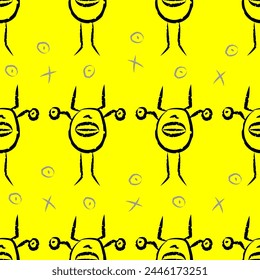 Patrón moderno amarillo brillante y negro con un monstruo abstracto y cruz y ojo en el fondo. Impresión juvenil, textil, textura sin costuras