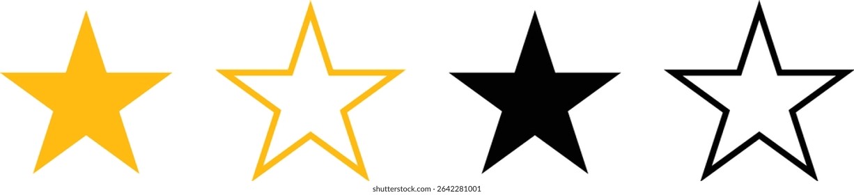 Bright yellow and black star icon vector illustration set. Ideal for rating, favorite, bookmark, award, achievement, and web or mobile UI design. Clean and minimal style on white background. 