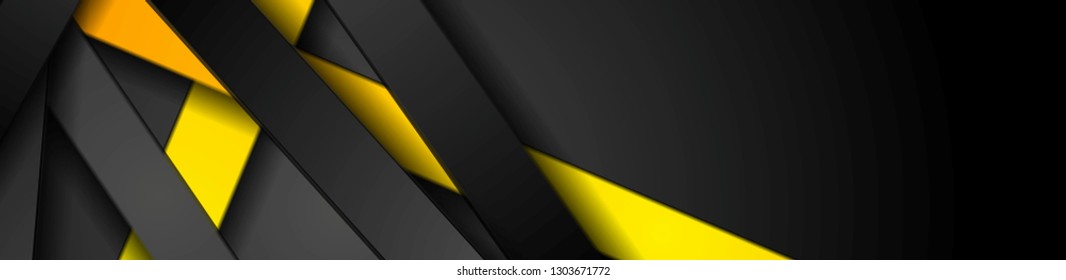 Bright yellow and black stripes abstract tech banner design. Vector background