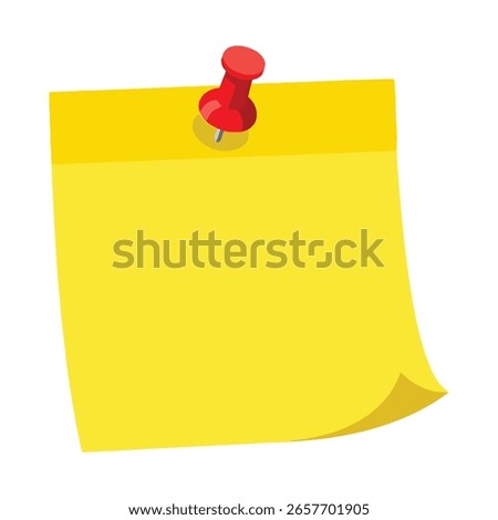 A bright yellow blank sticky note with a red pushpin holding it, featuring a slightly curled bottom right corner.