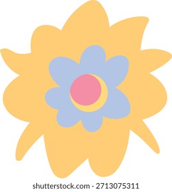 Bright yellow bloom with soft blue center, fitting cute kids work, sweet trendy decor use, fun modern project or soft cheerful vector design style.