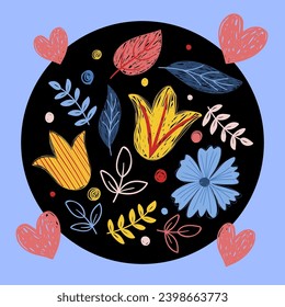 Bright yellow, blue flowers, leaves and heart on a black background, illustration for decoration of wallpapers, bugs, packaging, covers, posters and postcards