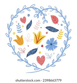 Bright yellow, blue flowers, leaves and heart on a white background, illustration for decoration of wallpapers, bugs, packaging, covers, posters and postcards