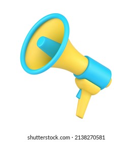 Bright yellow blue megaphone loudspeaker icon 3d isometric vector illustration. Sound electronic equipment for loud speaking, announcement, symbol of marketing sale announce voice speech communication - Shutterstock ID 2138270581