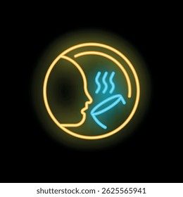 Bright yellow and blue neon sign depicting a person drinking a hot beverage