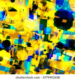 Bright yellow and blue seamless pattern with geometric shapes and blots. Abstract vector background for web page, banners backdrop, fabric, home decor, wrapping