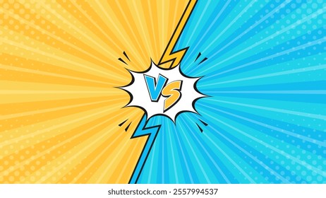 Bright yellow and blue versus comic-style background. Pop art comic sunburst effect background with halftone. Suitable for templates, sale banners, events, ads, web and pages