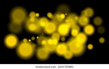 Bright yellow bokeh particles of multiple sizes with depth effect on dark background. Perfect for night visuals or technology-themed scenes.